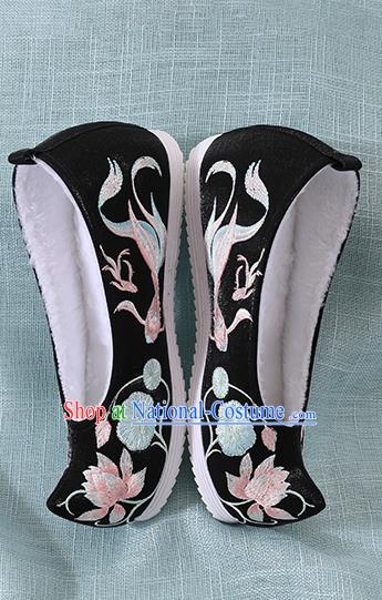 Chinese Handmade Embroidered Lotus Goldfish Black Shoes Traditional Ming Dynasty Hanfu Shoes Princess Shoes for Women