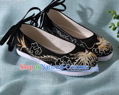 Chinese Handmade Embroidered Dragon Black Shoes Traditional Wedding Shoes Hanfu Shoes Princess Shoes for Women