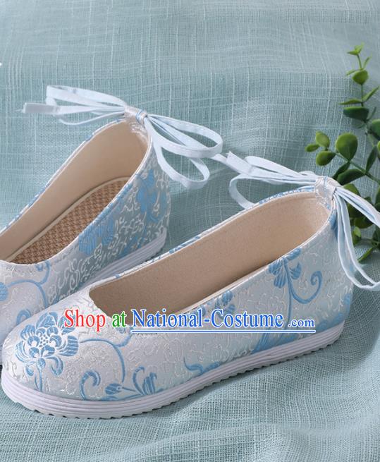 Chinese Handmade Light Blue Brocade Shoes Traditional Ming Dynasty Hanfu Shoes Princess Shoes for Women