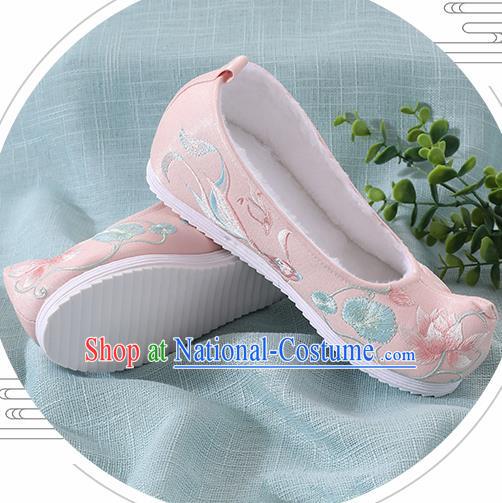 Chinese Handmade Embroidered Lotus Goldfish Pink Shoes Traditional Ming Dynasty Hanfu Shoes Princess Shoes for Women