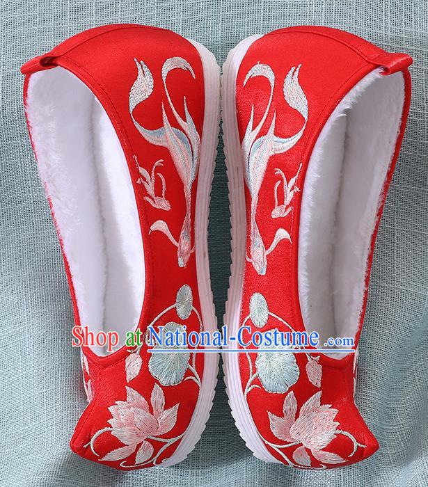 Chinese Handmade Embroidered Lotus Goldfish Red Shoes Traditional Ming Dynasty Hanfu Shoes Princess Shoes for Women