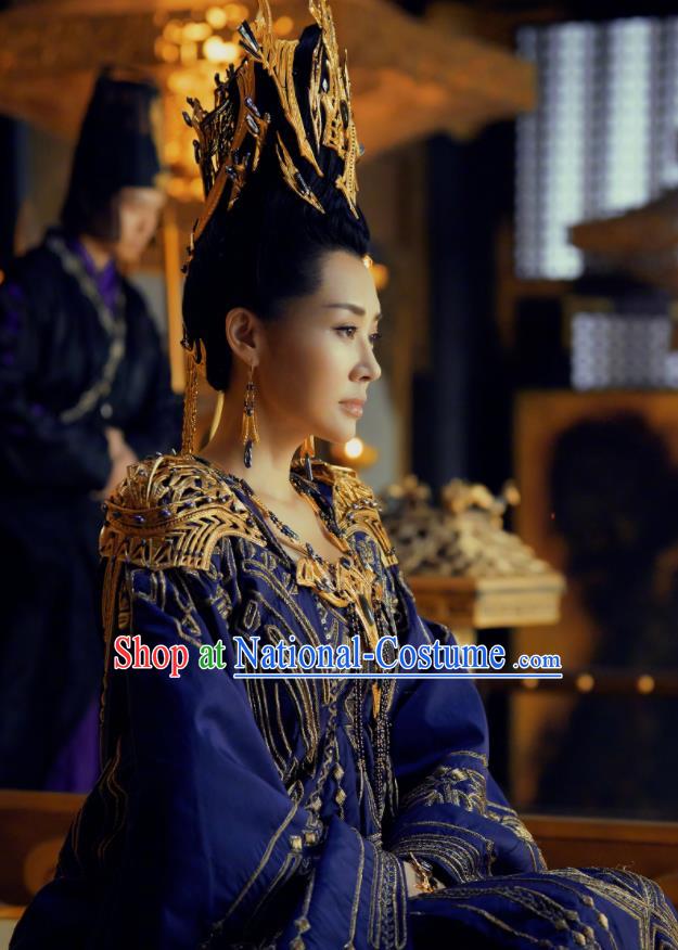 Chinese Ancient Grand Princess of Yin Empir Bai Lingbo Novoland Eagle Flag Xu Qing Replica Costumes and Headpiece for Women