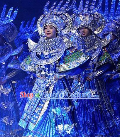 Chinese Dance Drama Colorful Guizhou Yi Nationality Dance Blue Dress Stage Performance Dance Costume and Headpiece for Women