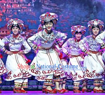 Chinese Dance Drama Colorful Guizhou Yi Nationality White Dress Stage Performance Dance Costume and Headpiece for Women