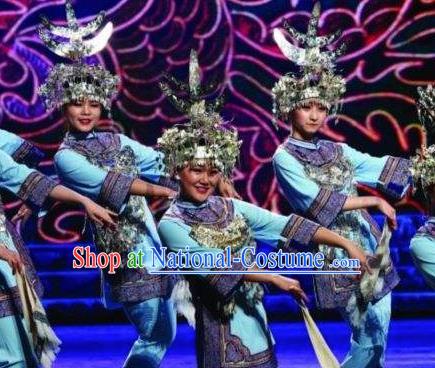 Chinese Dance Drama Colorful Guizhou Yi Nationality Blue Dress Stage Performance Dance Costume and Headpiece for Women