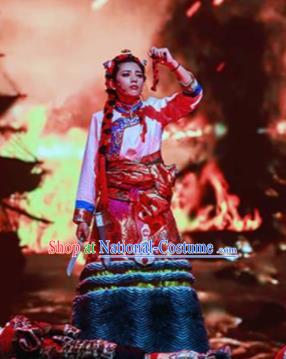 Chinese A Common Home Zang Nationality Red Dress Stage Performance Dance Costume and Headpiece for Women