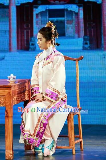 Deling and Cixi Chinese Qing Dynasty Princess White Dress Stage Performance Dance Costume and Headpiece for Women