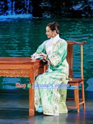 Deling and Cixi Chinese Qing Dynasty Princess Green Silk Dress Stage Performance Dance Costume and Headpiece for Women