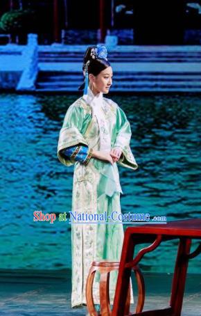 Deling and Cixi Chinese Qing Dynasty Princess Green Silk Dress Stage Performance Dance Costume and Headpiece for Women