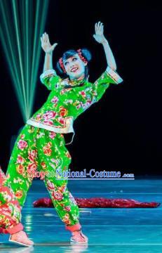 Dance Between Heaven and Earth Chinese Folk Dance Fan Dance Green Dress Stage Performance Dance Costume and Headpiece for Women