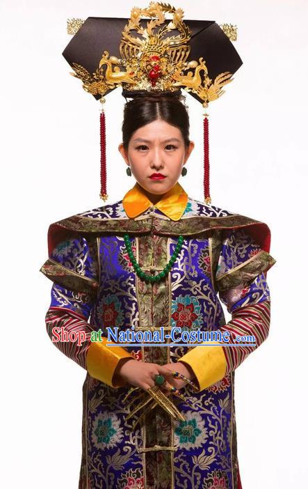 Deling and Cixi Chinese Qing Dynasty Empress Royalblue Silk Dress Stage Performance Dance Costume and Headpiece for Women