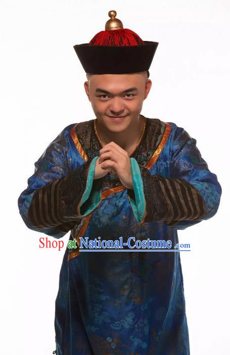 Deling and Cixi Chinese Ancient Qing Dynasty Eunuch Navy Clothing Stage Performance Dance Costume for Men