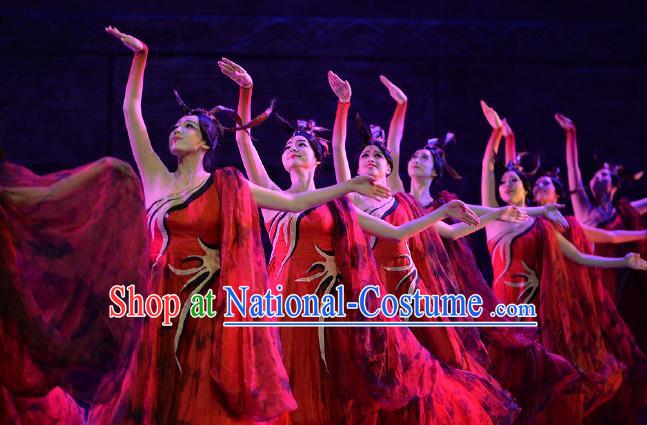 Lady Zhaojun Chinese Classical Dance Red Dress Stage Performance Dance Costume and Headpiece for Women