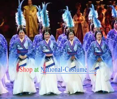 Chinese King Zhuang of Chu Ancient Spring and Autumn Period Blue Dress Stage Performance Dance Costume and Headpiece for Women