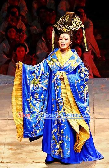 Chinese King Zhuang of Chu Ancient Royal Queen Blue Dress Stage Performance Dance Costume and Headpiece for Women