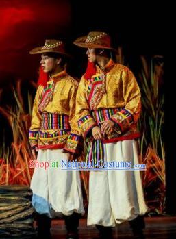 Walking Marriage Chinese Mosuo Nationality Bridegroom Dance Golden Clothing Stage Performance Dance Costume for Men