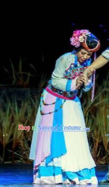 Walking Marriage Chinese Mosuo Minority Folk Dance White Dress Stage Performance Dance Costume and Headpiece for Women