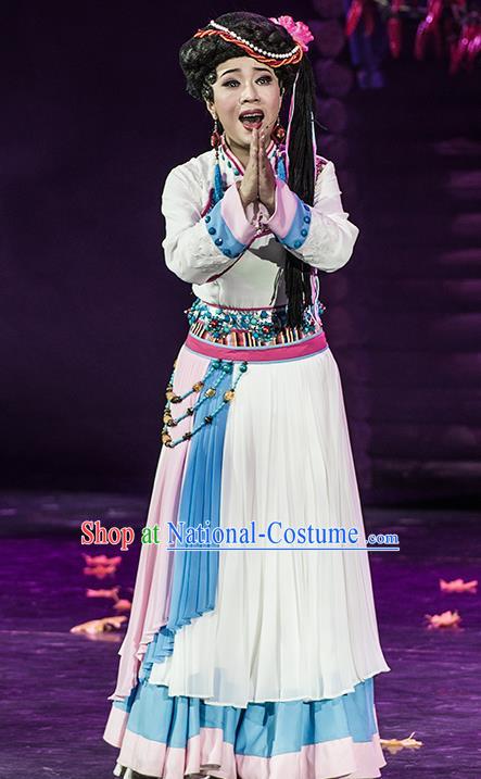 Walking Marriage Chinese Mosuo Minority Folk Dance White Dress Stage Performance Dance Costume and Headpiece for Women