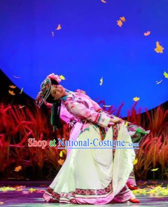 Walking Marriage Chinese Mosuo Minority Folk Dance Pink Dress Stage Performance Dance Costume and Headpiece for Women