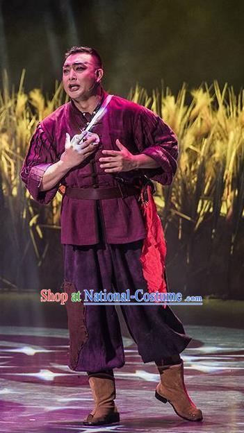 Walking Marriage Chinese Mosuo Nationality Purplish Red Clothing Stage Performance Dance Costume for Men