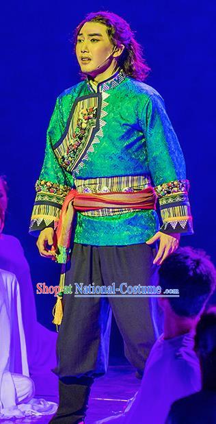 Walking Marriage Chinese Mosuo Nationality Green Clothing Stage Performance Dance Costume for Men