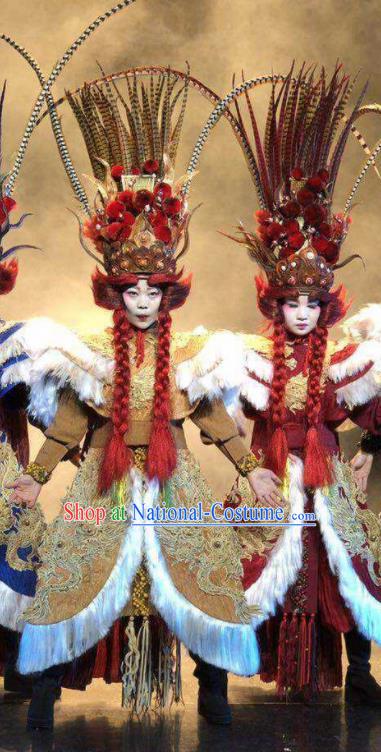 Chinese Pingtan Impression Classical Dance Khaki Dress Stage Performance Dance Costume and Headpiece for Women