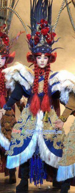 Chinese Pingtan Impression Classical Dance Royalblue Dress Stage Performance Dance Costume and Headpiece for Women