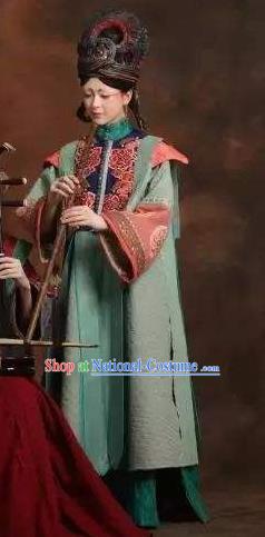 Chinese Pingtan Impression Ancient Qing Dynasty Green Dress Stage Performance Dance Costume and Headpiece for Women