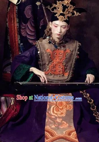 Chinese Pingtan Impression Ancient Qing Dynasty Purple Dress Stage Performance Dance Costume and Headpiece for Women