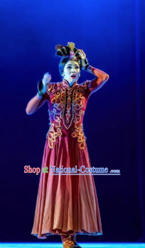 Chinese Lady Zhaojun Mongol Nationality Dance Red Dress Stage Performance Dance Costume and Headpiece for Women