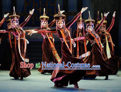 Chinese Lady Zhaojun Mongol Nationality Dance Dress Stage Performance Dance Costume and Headpiece for Women