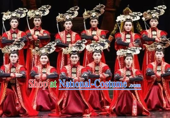 Nostalgia Is A Disease Chinese Qing Dynasty Court Lady Red Dress Stage Performance Dance Costume and Headpiece for Women