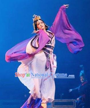 Guan Gong Chinese Classical Dance Purple Dress Stage Performance Dance Costume and Headpiece for Women