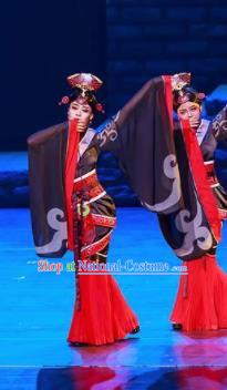 Guan Gong Chinese Classical Dance Black Dress Stage Performance Dance Costume and Headpiece for Women