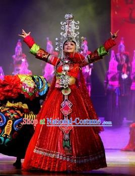 Impression Shanha Chinese She Nationality Bride Dance Red Dress Stage Performance Dance Costume and Headpiece for Women