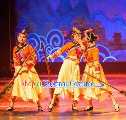 Impression Shanha Chinese She Nationality Folk Dance Yellow Dress Stage Performance Dance Costume and Headpiece for Women