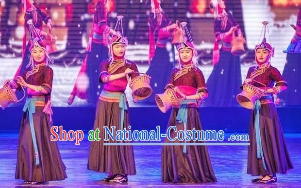 Impression Shanha Chinese She Nationality Folk Dance Black Dress Stage Performance Dance Costume and Headpiece for Women