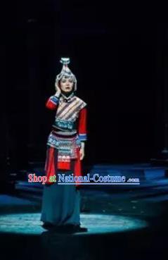 Impression Shanha Chinese She Nationality Dance Dress Stage Performance Dance Costume and Headpiece for Women