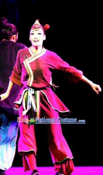 Impression Shanha Chinese She Nationality Dance Rosy Dress Stage Performance Dance Costume and Headpiece for Women