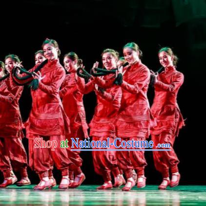 Fu Sheng Chinese Folk Dance Red Dress Stage Performance Dance Costume and Headpiece for Women