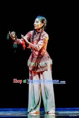 Fu Sheng Chinese Folk Dance Fan Dance Dress Stage Performance Dance Costume and Headpiece for Women