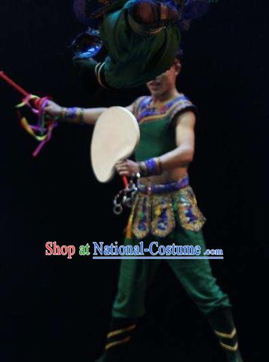 Manchu Tambourine Chinese Manchu Nationality Dance Green Clothing Stage Performance Dance Costume for Men