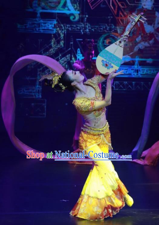 Meet Millennium Chinese Classical Dance Flying Apsaras Yellow Dress Stage Performance Dance Costume and Headpiece for Women