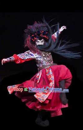 The Greatest Spirit Chinese Peking Opera Takefu Red Clothing Stage Performance Dance Costume and Headpiece for Men