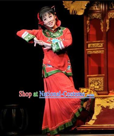 Huizhou Beauty Chinese Huangmei Opera Red Dress Stage Performance Dance Costume and Headpiece for Women