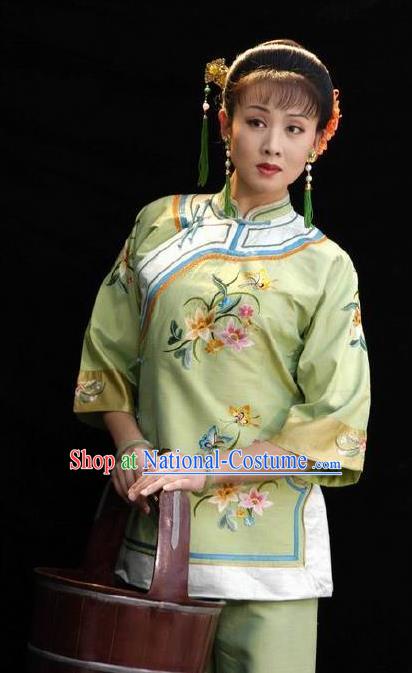 Huizhou Beauty Chinese Huangmei Opera Green Dress Stage Performance Dance Costume and Headpiece for Women