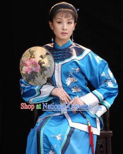 Huizhou Beauty Chinese Huangmei Opera Blue Dress Stage Performance Dance Costume and Headpiece for Women