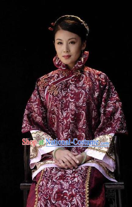 Huizhou Beauty Chinese Huangmei Opera Purplish Red Dress Stage Performance Dance Costume and Headpiece for Women