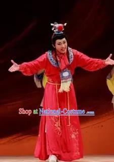 Huang Ye Hong Lou Chinese Peking Opera Niche Jia Baoyu Red Clothing Stage Performance Dance Costume and Headpiece for Men