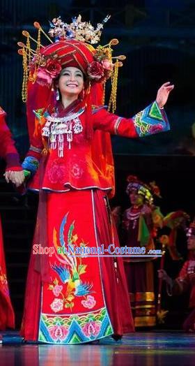 Huang Si Jie Chinese Tujia Minority Wedding Red Dress Stage Performance Dance Costume and Headpiece for Women